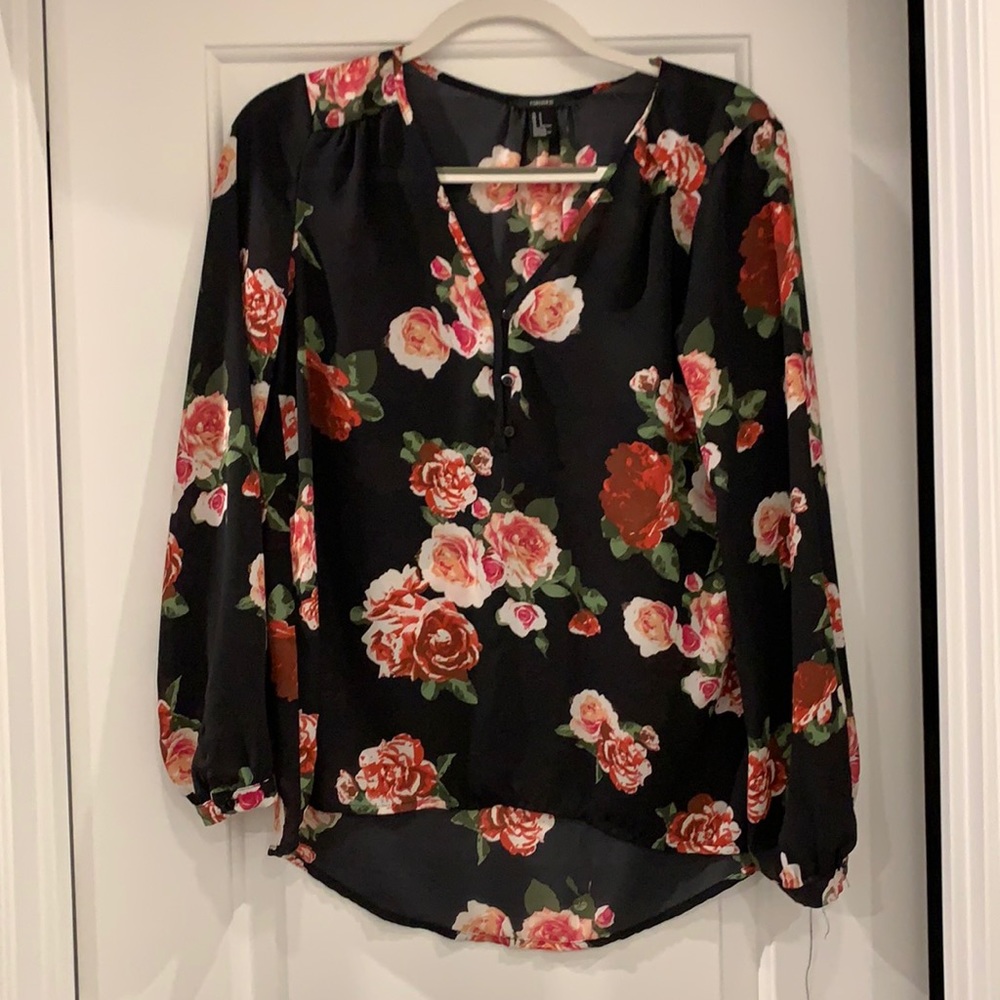 Chiffon black and rose print blouse